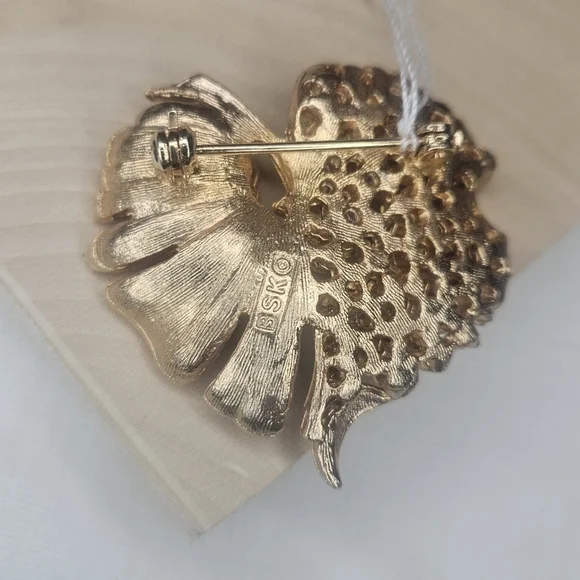 Vintage BSK Ginko Leaf Gold Tone Amber Rhinestone Brooch Leaf Two Tone Brown - Picture 6 of 10